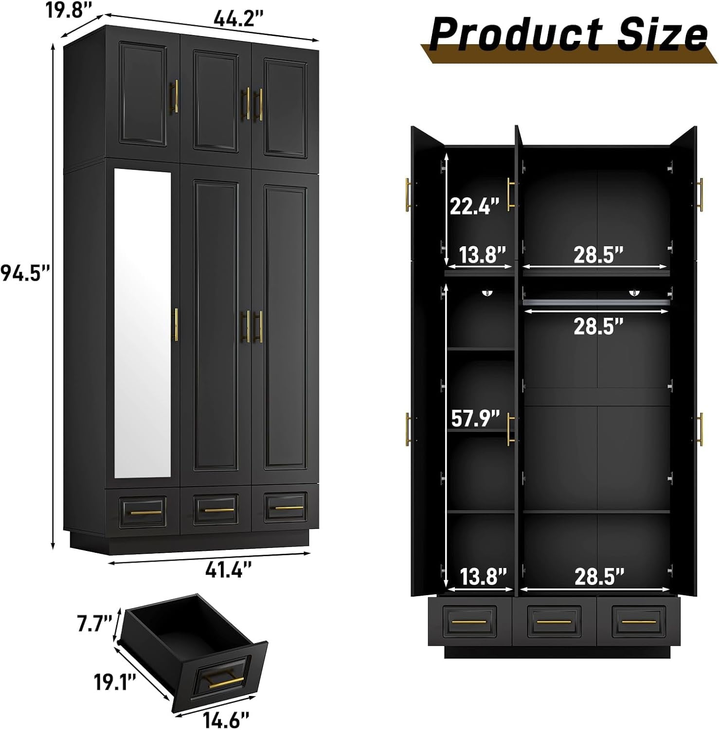Blotout 94.5'' Armoire Wardrobe Closet with Top Cabinet and Mirror, Modern 3 Doors Adult Wood Closet Storage Cabinet with Hanging Rod & 3 Drawers & RGB LED 60,000 Color Lights/6 Storage Shelves