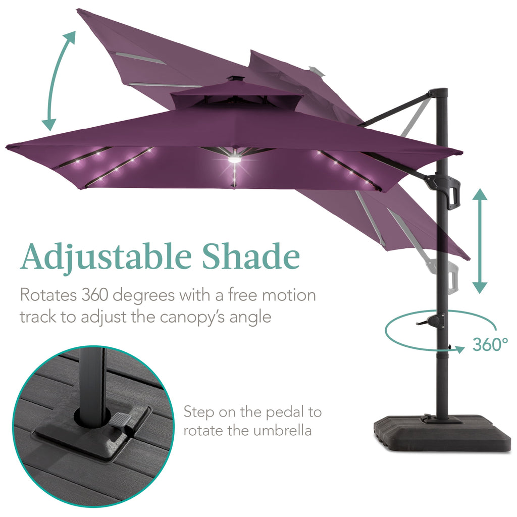 Best Choice Products 10x10ft 2-Tier Square Outdoor Solar LED Cantilever Patio Umbrella w/ Base Included - Tan
