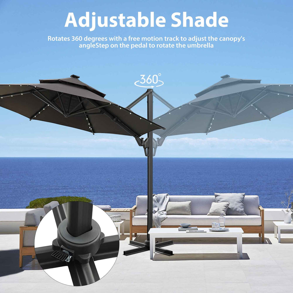 Ainfox 10ft Double Top Heavy-Duty Patio Cantilever Umbrella with lights and Cross Base, Outdoor Large Offset Hanging Aluminum Rotation Sun Shade Solar Umbrella with 360°Rotation Adjustable,Khaki