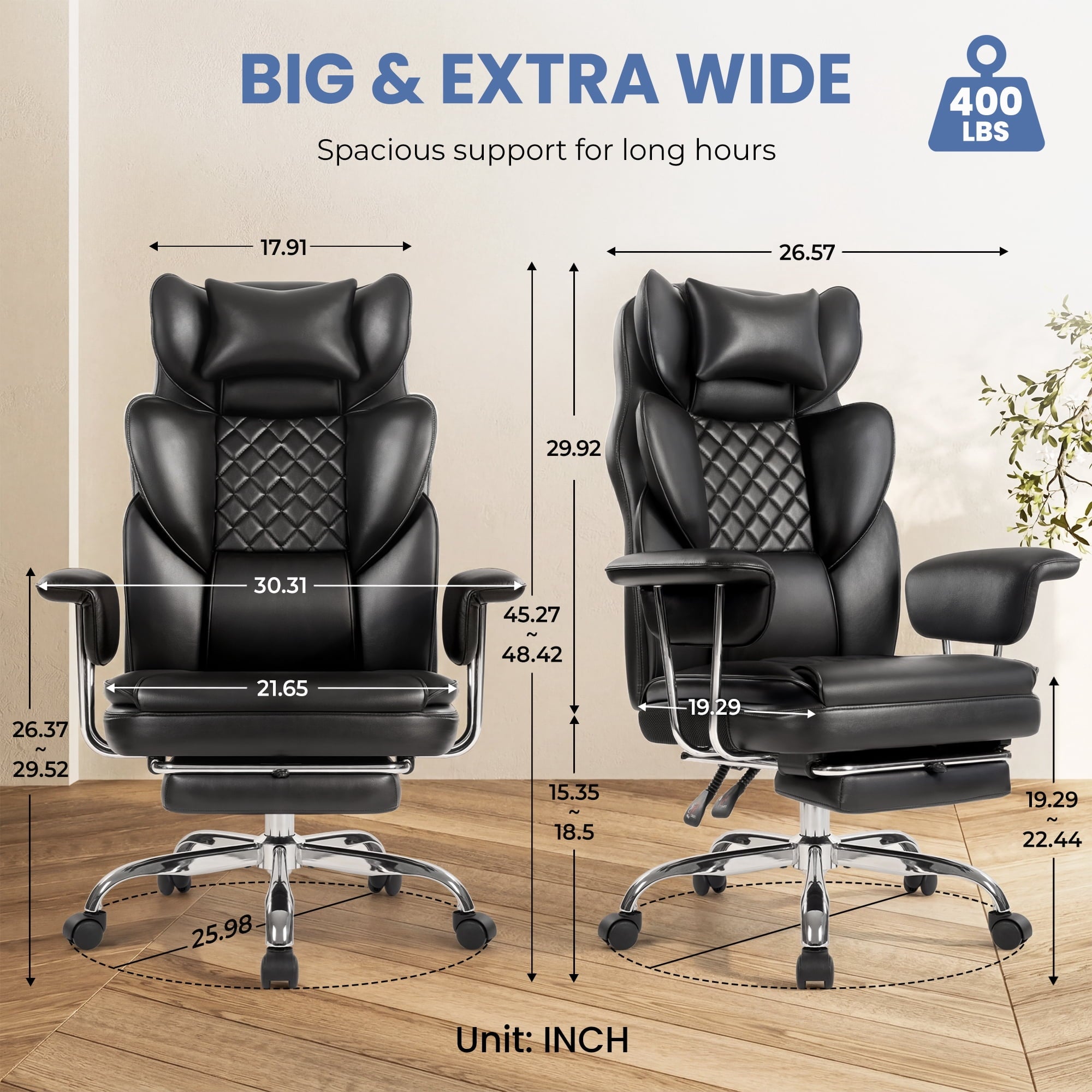 CELTOSS Executive Office Chair 400LBS, High Back Computer Chair with Arms and Footrest, Ergonomic Desk Chair with Lumbar Support, 90–135° Reclining Office Chairs for Home Work, Fabric Blue