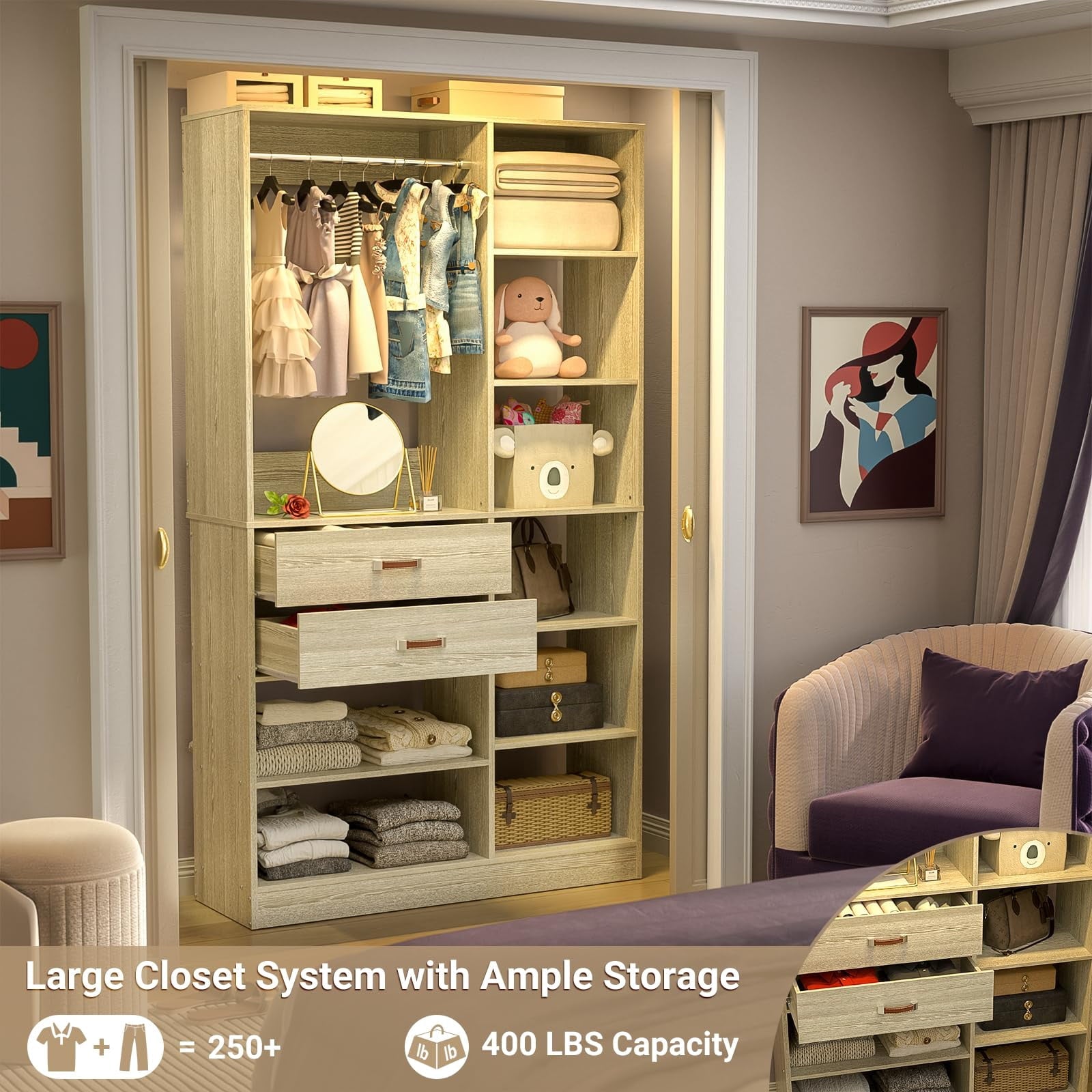 Homieasy 39.4'' W Closet System with Wooden Drawers and Hanging Rods, White