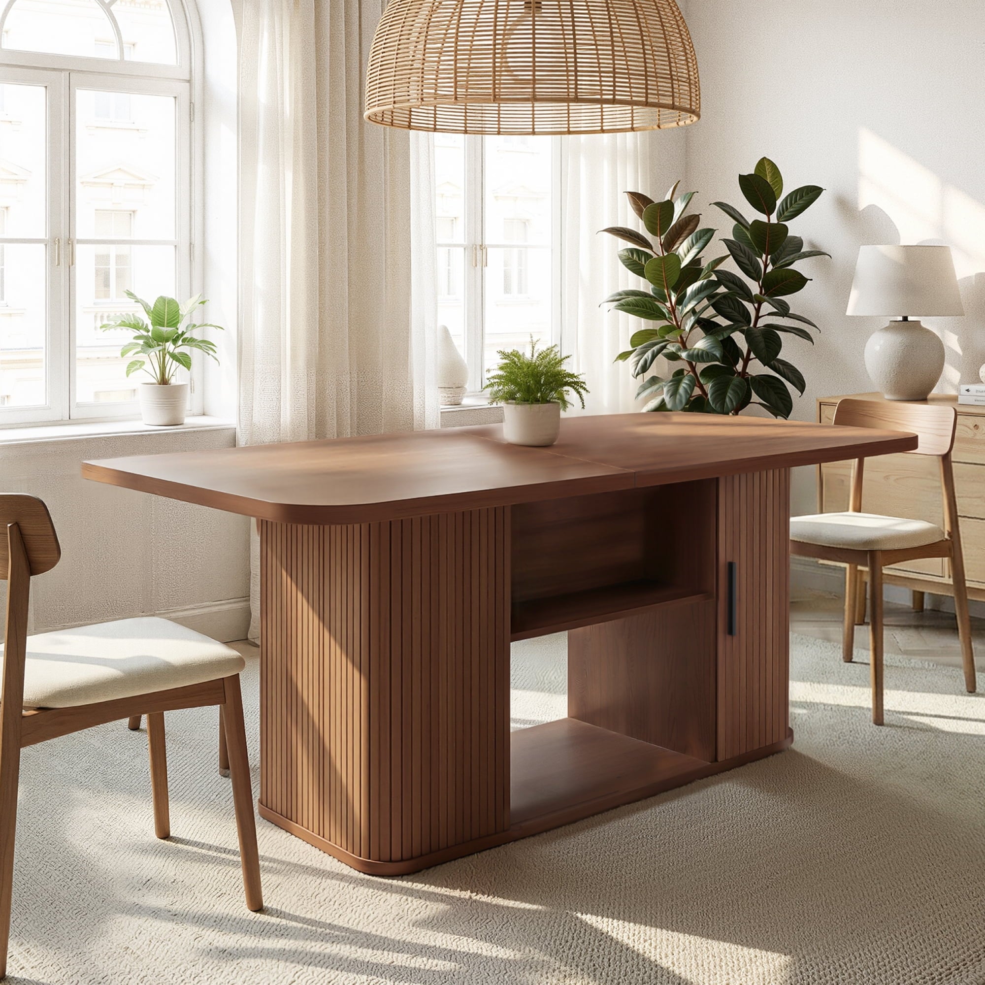SUNCOZE 70in Dining Table for 4-8, Dining Leisure Table with Storage Shelves, 1.38 Thick Top, Scratch-Resistant, Natural Wood Finish, Multi-Use for Dining Room Kitchen Office, Wood Finish