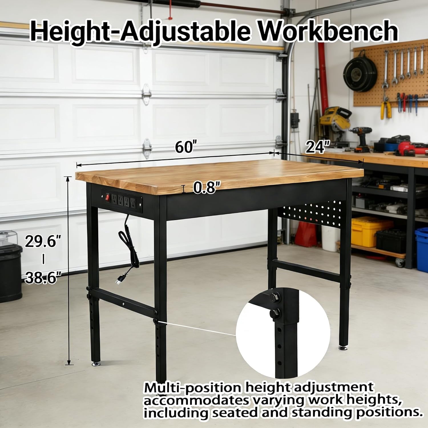 60 Inch Adjustable Workbench with Power Outlet, 2500 LBS Heavy Duty Double-Layer Workbench with Hardwood Top, 6-Level Height Adjustable Garage Work Table with Wheels, Rolling Workstation for Workshop