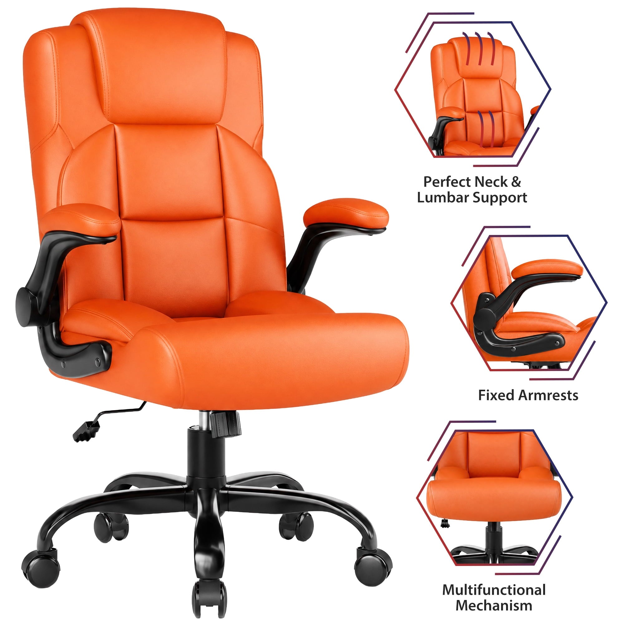 JONPONY Leather Office Chair, Big and Tall 500lbs Ergonomic Desk Chairs with Back Support, Executive Leather Chair with Wheels for Home Office, with Adjustable Padded Armrest & Lumbar Support , Black