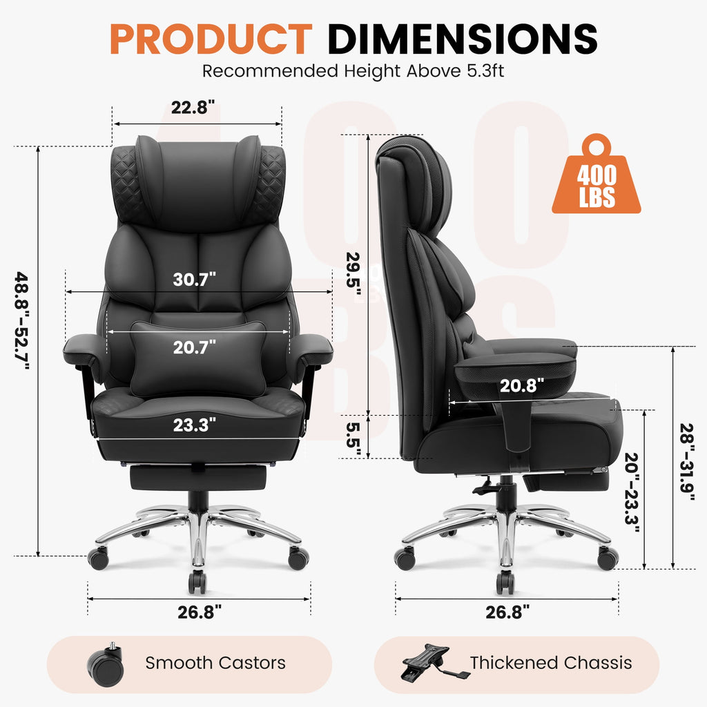COOLHUT Big and Tall Office Chair 400LBS, Adjustable Headrest Ergonomic Computer Desk Chair, Executive Leather Chair with Adjustable Armrest, High Back Office Chair Havy Duty Design, Black