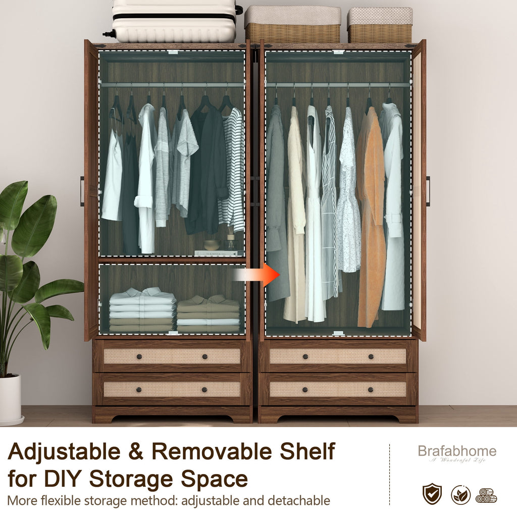 Brafabhome 71H Armoire Wardrobe Closet with 2 Drawers, Farmhouse 2 Doors Armoire Cabinet with Hanging Rod, Modern Freestanding Wardrobe Clothes Cabinet for Bedroom | Gray