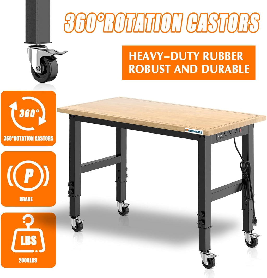 48 Adjustable Workbench with Wheels,Heavy-Duty Rubber Wood Worktable with Power Outlets &  Scales & Foot Pads,2000 LBS Load Capacity Work Benches for Garage,Workshop,Office,Home