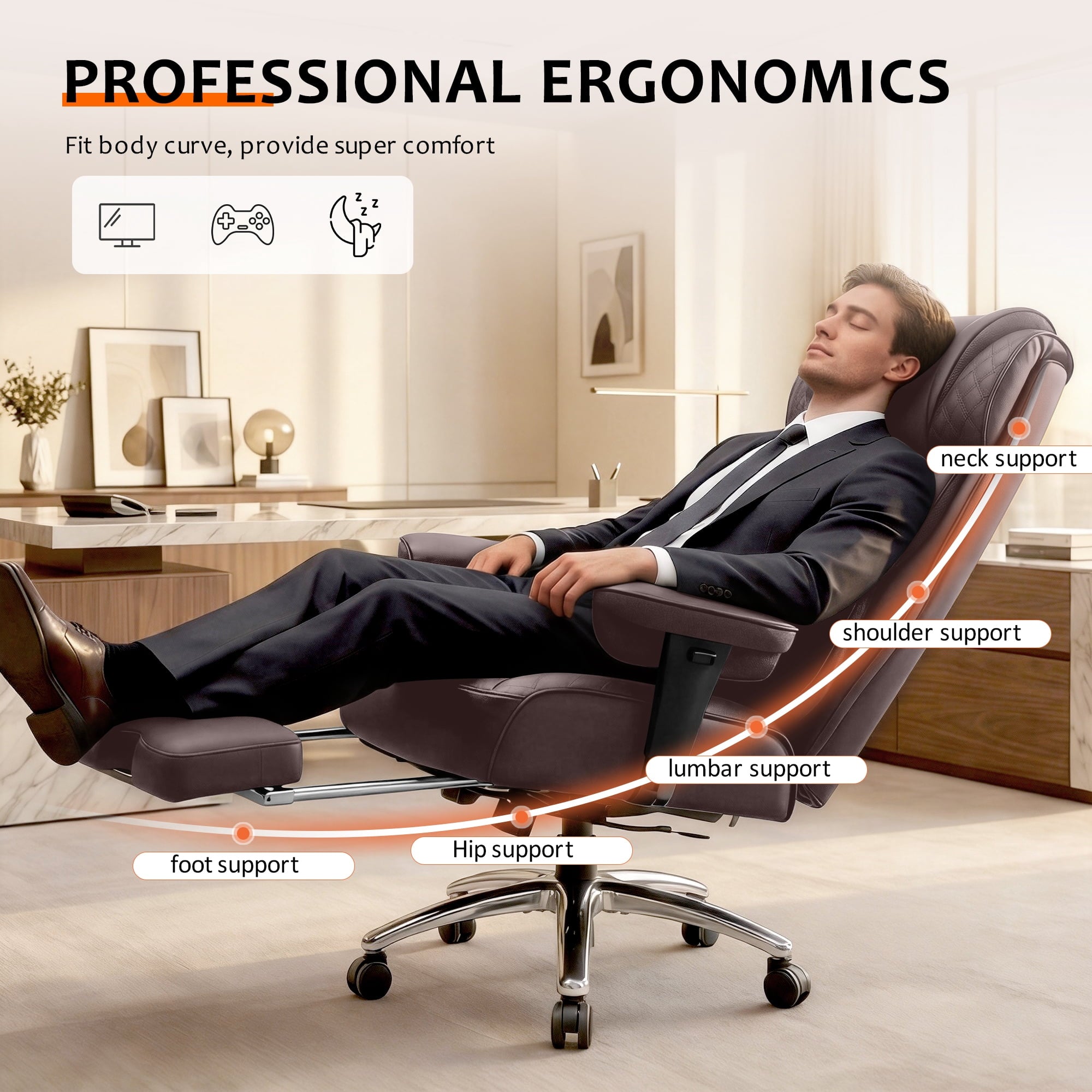 FASTES Office Desk Chair, Big and Tall Office Chair 400lbs Gaming Chair with Footrest, Ergonomic Executive High-Back Reclining Computer Chairs, Swivel Wheels and Lumbar Support, Black