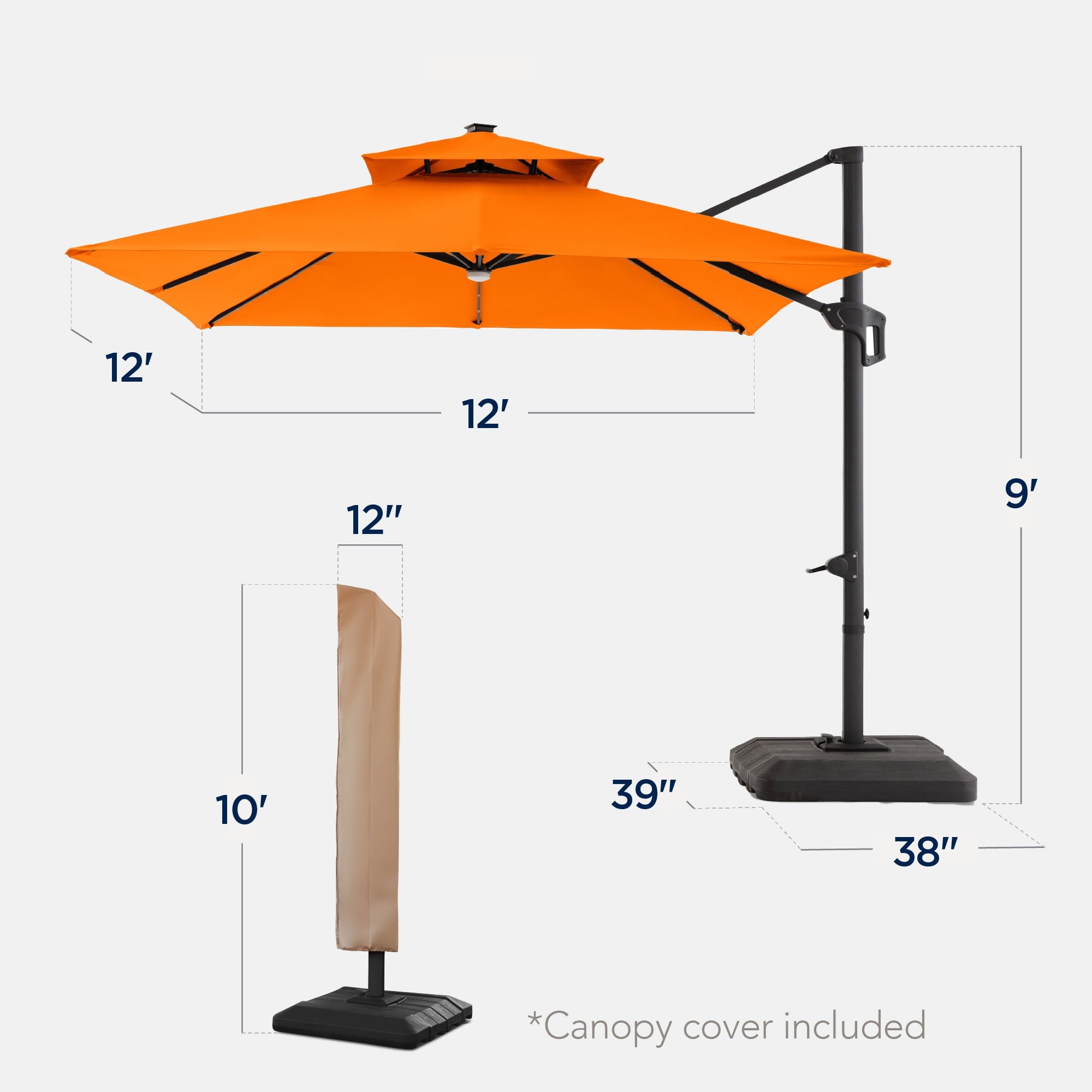 Best Choice Products 12x12ft 2-Tier Square Outdoor Solar LED Cantilever Umbrella w/ 360-Rotating Base   Gray