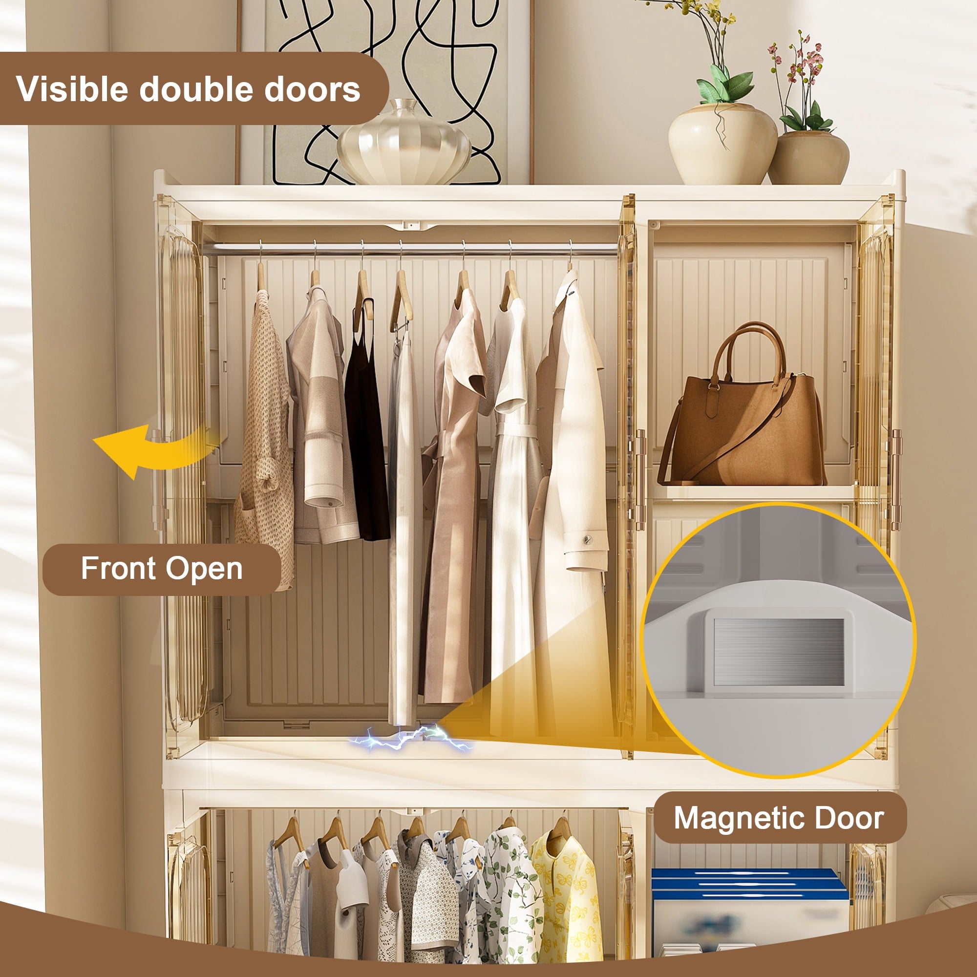 Garmic 62 Foldable Storage Wardrobe with Wheels, Portable Closet Organizer with 6 Magnetic Doors & 2 Hanging Rod, Plastic Armoire for Clothes Toys Books, White