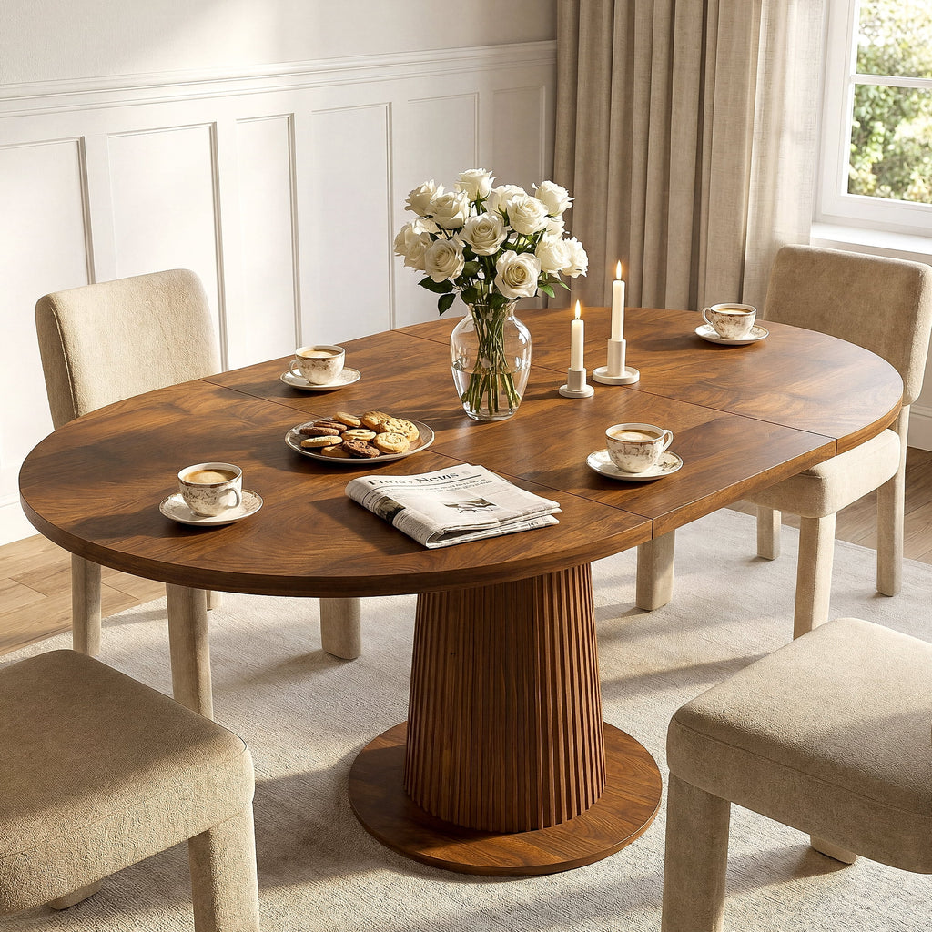 Keenstone Round Dining Table 43-59 Extendable, for 4 to 6, with Storage Space, Kitchen Dinner Room Table for Dining Room and Small Space Walnut