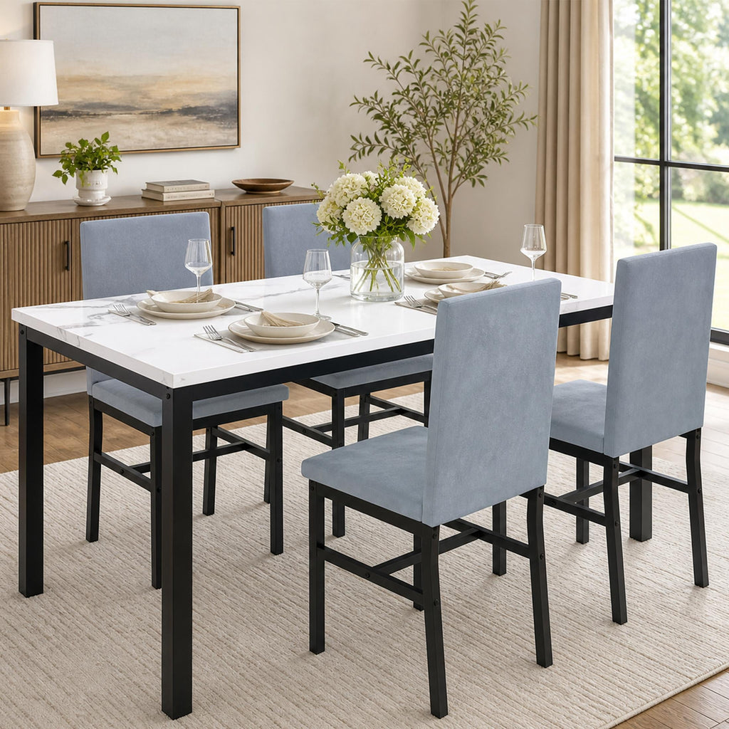 UHOMEPRO Dining Table Set for 4, 5 Piece Dining Room Table Set with Gray Velvet Upholstered Chairs, White Faux Marble Pattern Rectangle Kitchen Table Set for Breakfast Nook Small Space