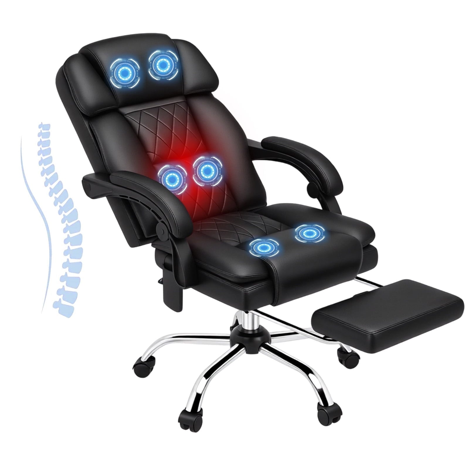 HOMREST Ergonomic Office Chair with 6-Point Massage & Heating, Adjustable Executive Desk Chair with Retractable Footrest, PU Leather Home Office Desk Chair for Home & Office (Black)