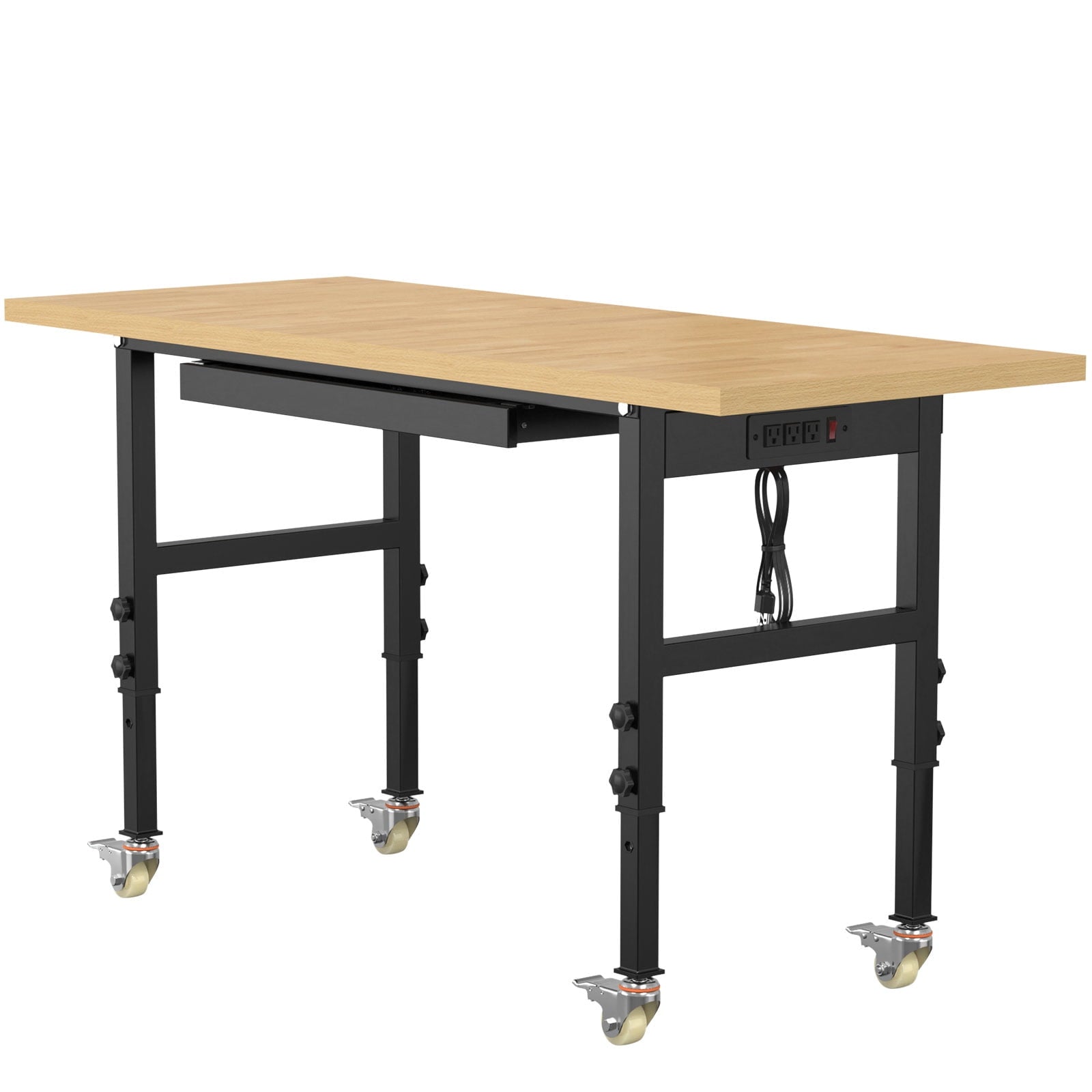60 Adjustable Workbench,Heavy-Duty Work Table,3000 LBS Load Capacity Hardwood Workstation Outlets with Power strips and Wheels,for Workshop, Garage