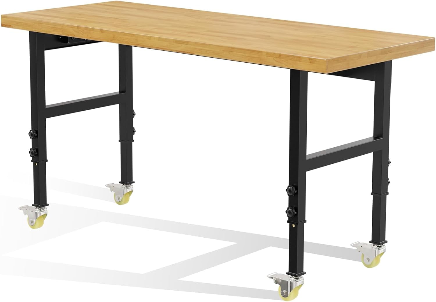 60” Heavy-Duty Solid Wood Work Bench Work Table with Wheels, Adjustable Height Portable Workbench with Power Outlets, 3000 Lbs Capacity Workstation for Garage, Workshop, Office, Shop, Outdoor