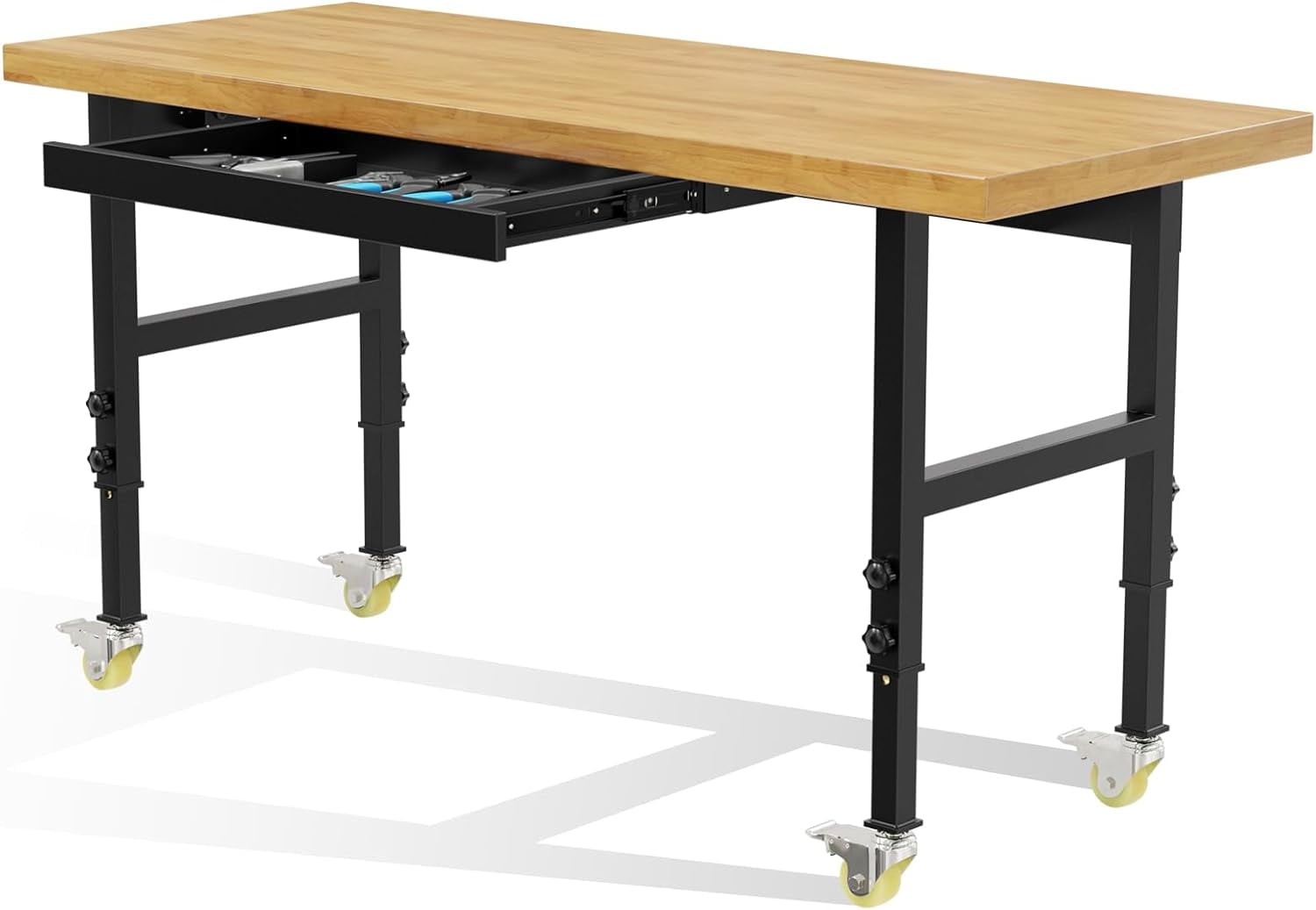 60” Heavy-Duty Solid Wood Work Bench Work Table with Wheels, Adjustable Height Portable Workbench with Power Outlets, 3000 Lbs Capacity Workstation for Garage, Workshop, Office, Shop, Outdoor