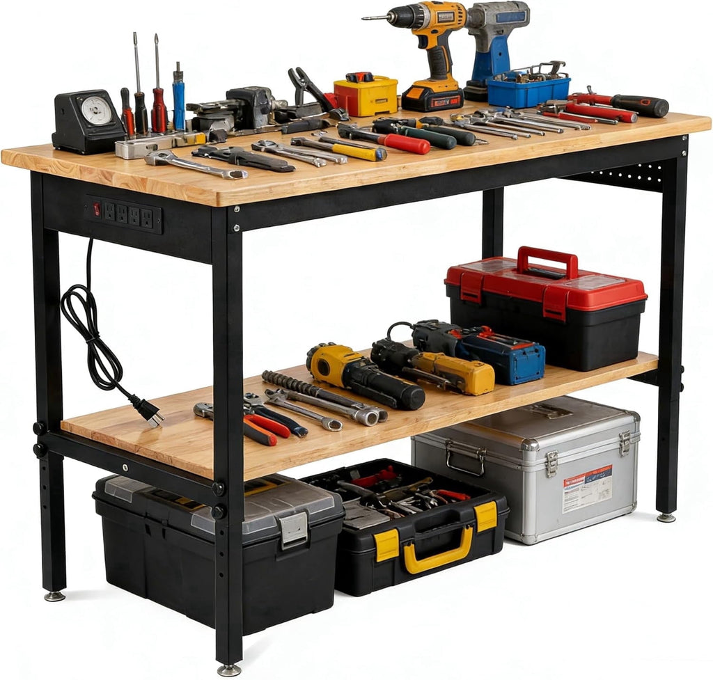 60 Inch Adjustable Workbench with Power Outlet, 2500 LBS Heavy Duty Double-Layer Workbench with Hardwood Top, 6-Level Height Adjustable Garage Work Table with Wheels, Rolling Workstation for Workshop