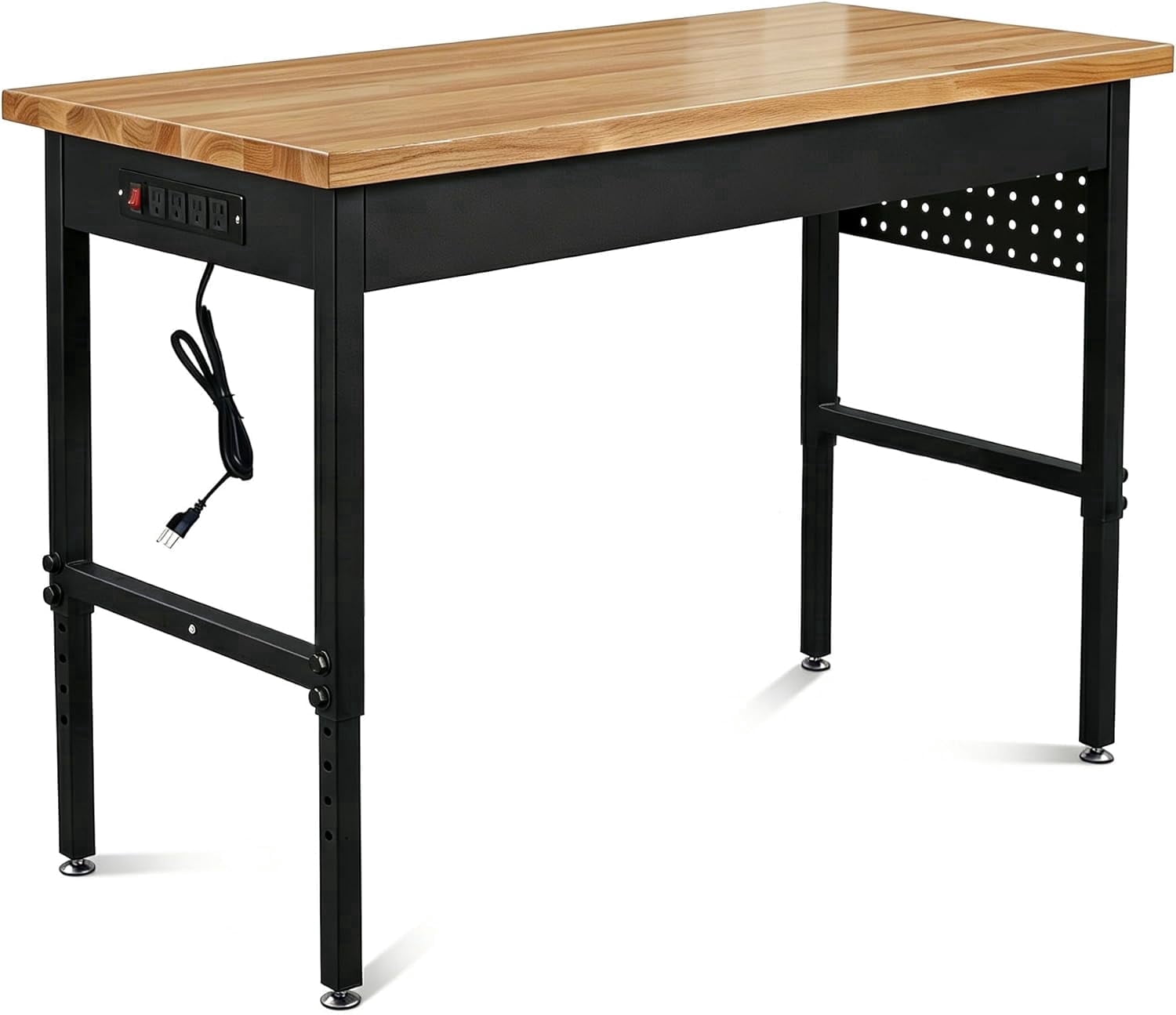 60 Inch Adjustable Workbench with Power Outlet, 2500 LBS Heavy Duty Double-Layer Workbench with Hardwood Top, 6-Level Height Adjustable Garage Work Table with Wheels, Rolling Workstation for Workshop