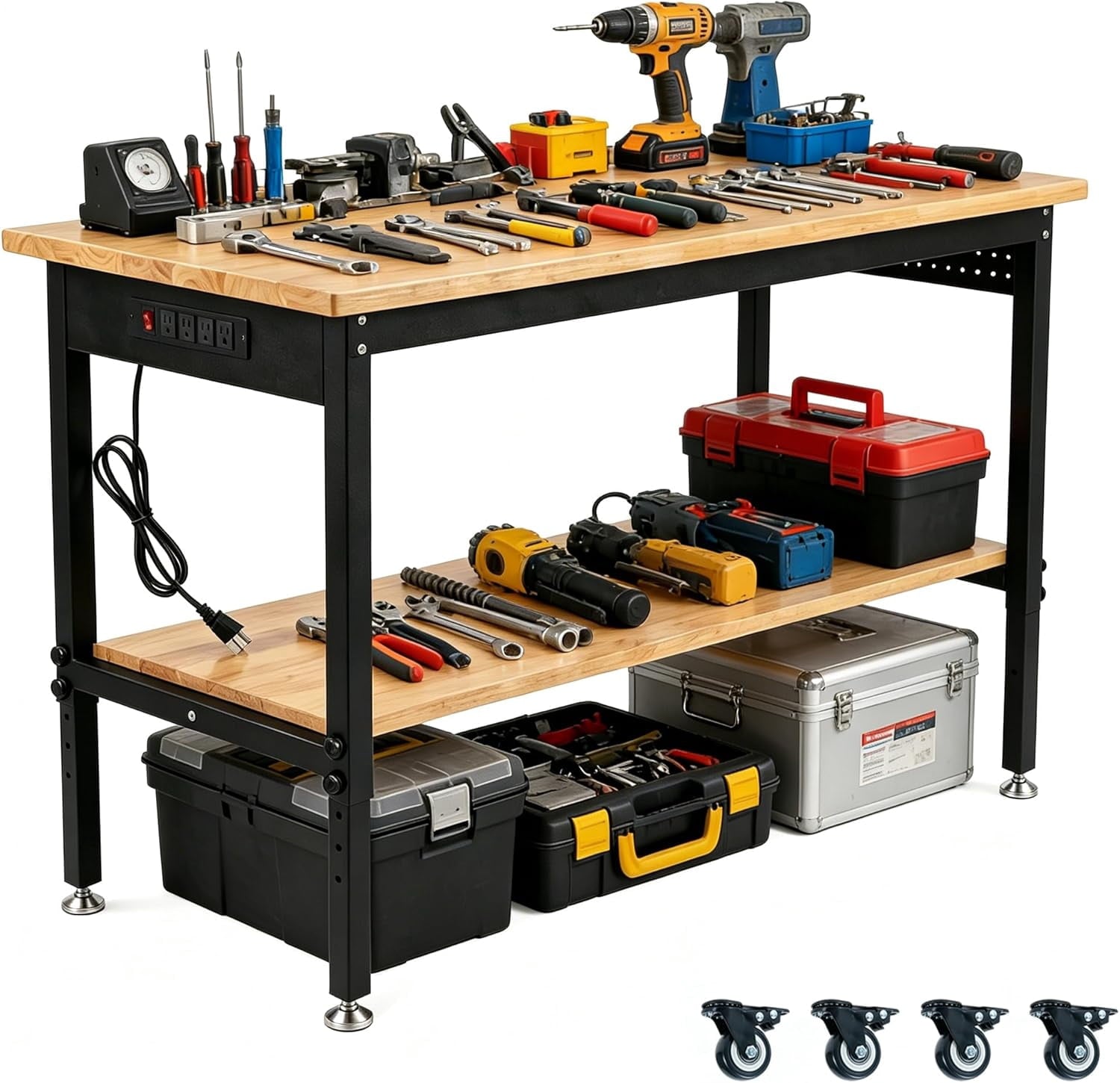 70 Inch Adjustable Workbench with Power Outlet Heavy Duty 2500 LBS Load Capacity Hardwood Work Table for Garage 6 Level Height Adjustable Workshop Bench with Wheels (70x22)