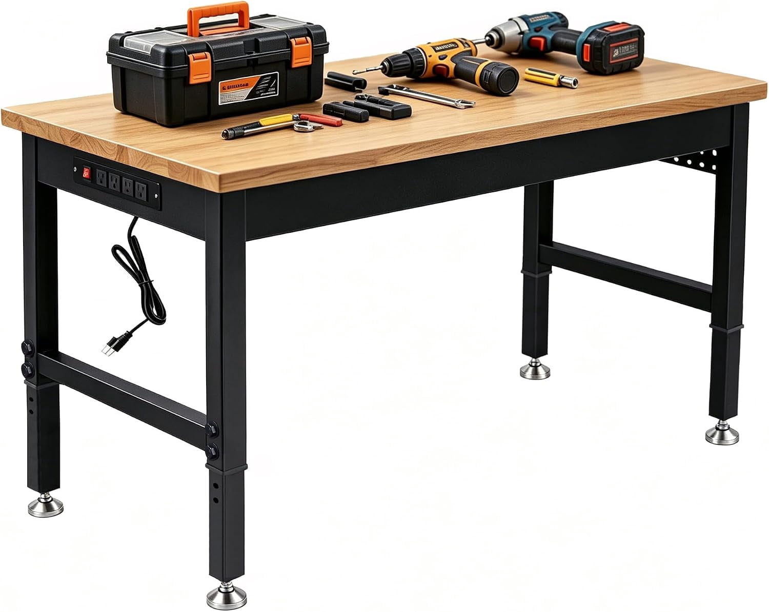 70 Inch Adjustable Workbench with Power Outlet Heavy Duty 2500 LBS Load Capacity Hardwood Work Table for Garage 6 Level Height Adjustable Workshop Bench with Wheels (70x22)