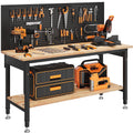60 Multifunctional Heavy Duty Workbench for Garage with Pegboard,2000LBS Load,Adjustable Height,LED Light,Rubberwood Tabletop