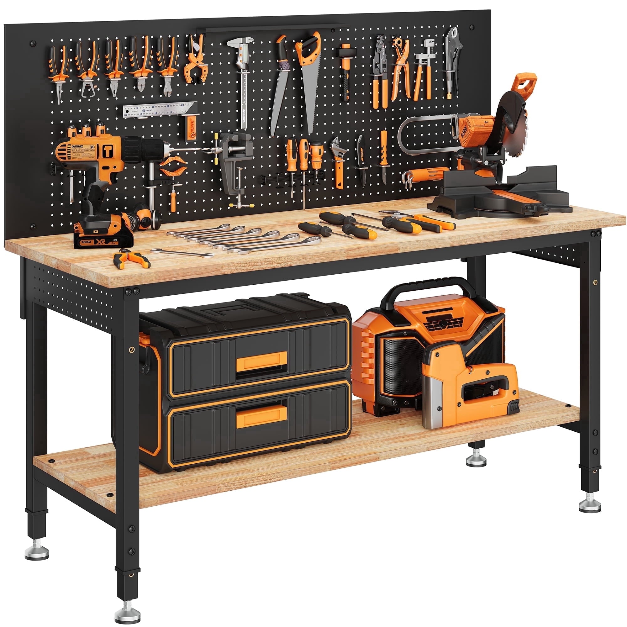 60 Multifunctional Heavy Duty Workbench for Garage with Pegboard,2000LBS Load,Adjustable Height,LED Light,Rubberwood Tabletop