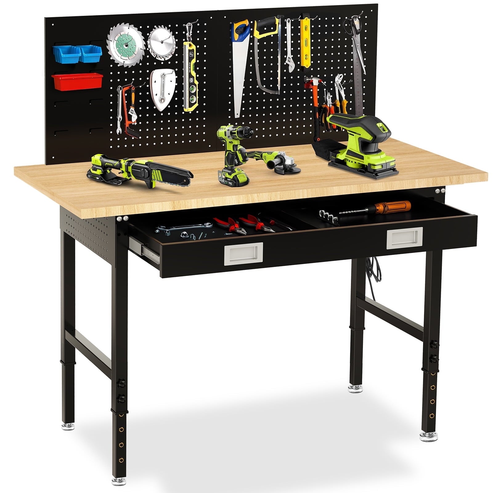 60 inch Workbench for Garage, Heavy-Duty 2 Tier Wood Work Bench with Storage Pegboards, Hooks, Power Outlets, Rubber Wood Tabletop 2000 LBS Load Bearing Workstation Garage Desk Work Table