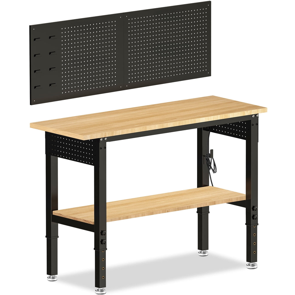 60 inch Workbench for Garage, Heavy-Duty 2 Tier Wood Work Bench with Storage Pegboards, Hooks, Power Outlets, Rubber Wood Tabletop 2000 LBS Load Bearing Workstation Garage Desk Work Table
