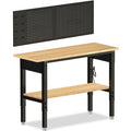 60 inch Workbench for Garage, Heavy-Duty 2 Tier Wood Work Bench with Storage Pegboards, Hooks, Power Outlets, Rubber Wood Tabletop 2000 LBS Load Bearing Workstation Garage Desk Work Table