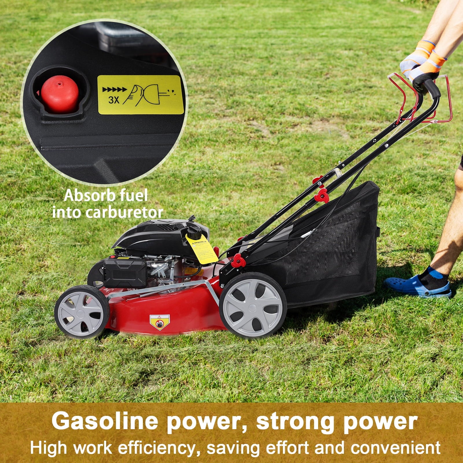 AQSQ 20in Lawn Mower, Self Propelled Lawn Mower, 141cc Gas Engine Lawn Mower, Push Lawn Mower with 50L Grass Tank, Big Wheels