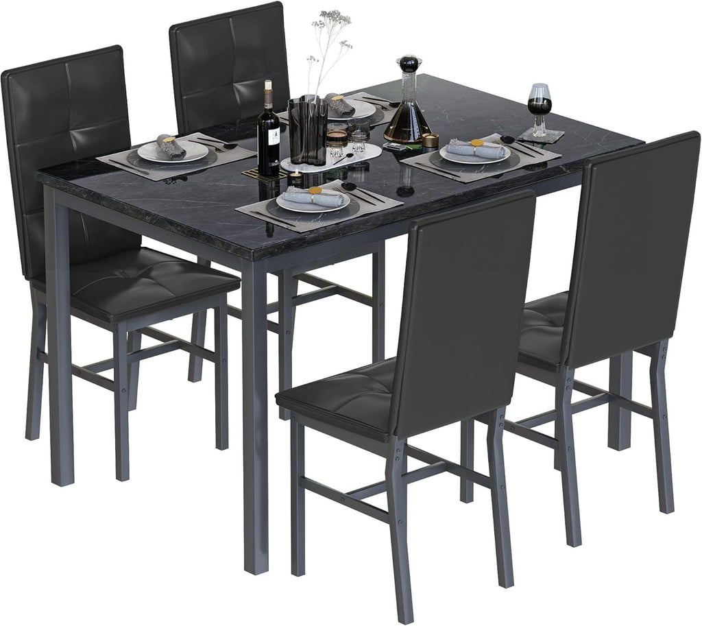 MOOSENG Dining Table Set for 4, Faux Marble Kitchen Table and Chairs Set of 4, 5-Piece Dining Room Set with PU Leather Upholstered Chairs for Small Space, Gray
