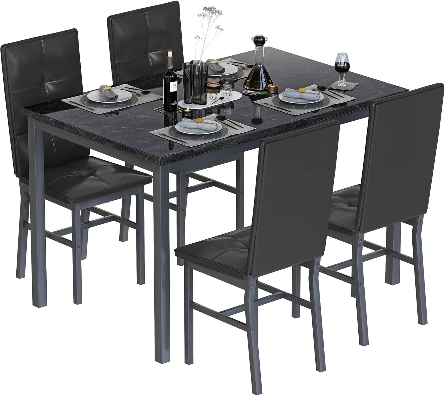 MOOSENG Dining Table Set for 4, Faux Marble Kitchen Table and Chairs Set of 4, 5-Piece Dining Room Set with PU Leather Upholstered Chairs for Small Space, Gray