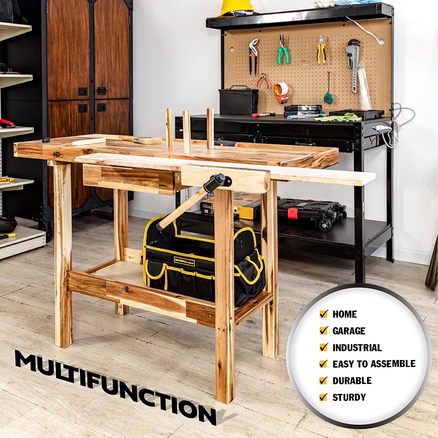 Olympia Tools 48-inch Wood Workbench - 330 lbs Weight Capacity Wooden Workbench for Garage, Workshop and Home - Acacia Woodworking Bench