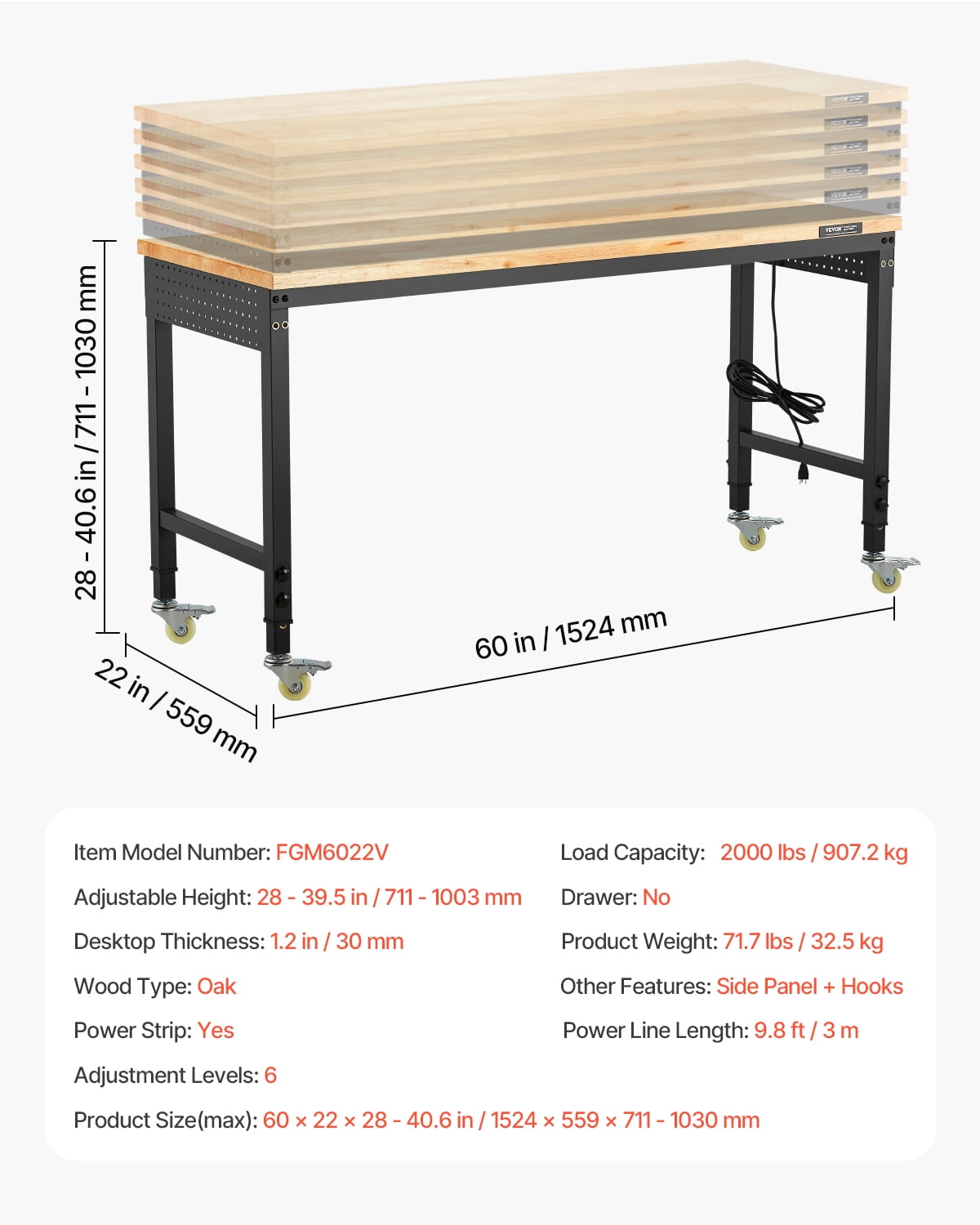VEVOR 60-Inch Adjustable Workbench, 2000 lbs Load, Work Bench with Power Outlet, Wheels, and Pegboard, Heavy Duty Oak Wood Top Work Table for Garage, Workshop, Office, and Home