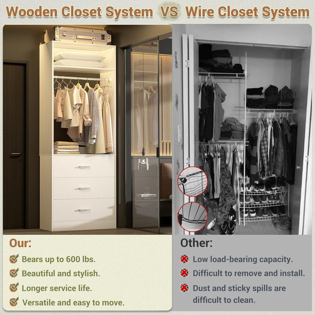Homieasy Freestanding 2FT Closet System with 3 Wood Drawers, 24 Closet Organizer System with Hanging Rod & Shelves, Walk-in Closet Systems for Small Closets, White
