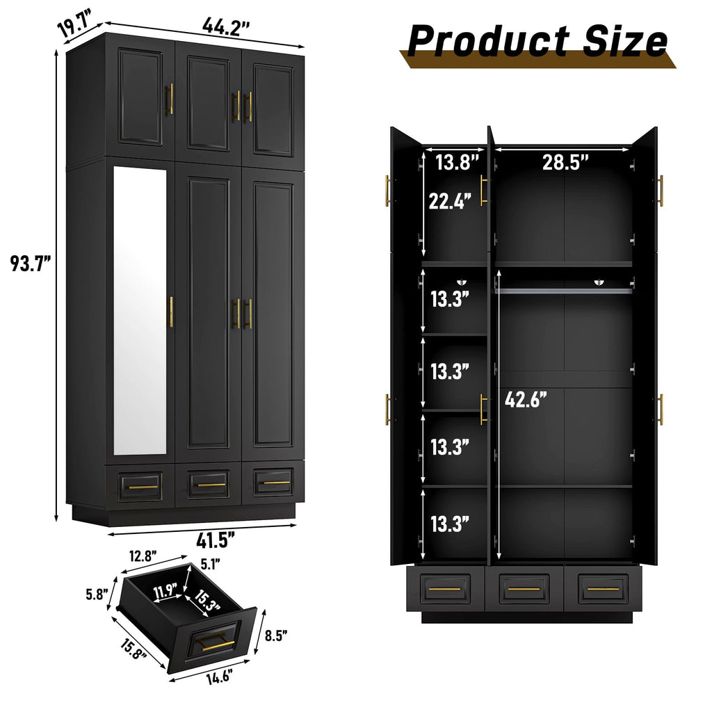 ChVans 3 Door Armoire Wardrobe Closet with Top Cabinet and Mirror, 94.5'' LED Wardrobe Armoire with 3 Drawers, Hanging Rod & Multi-Layer Shelves for Bedroom, Black