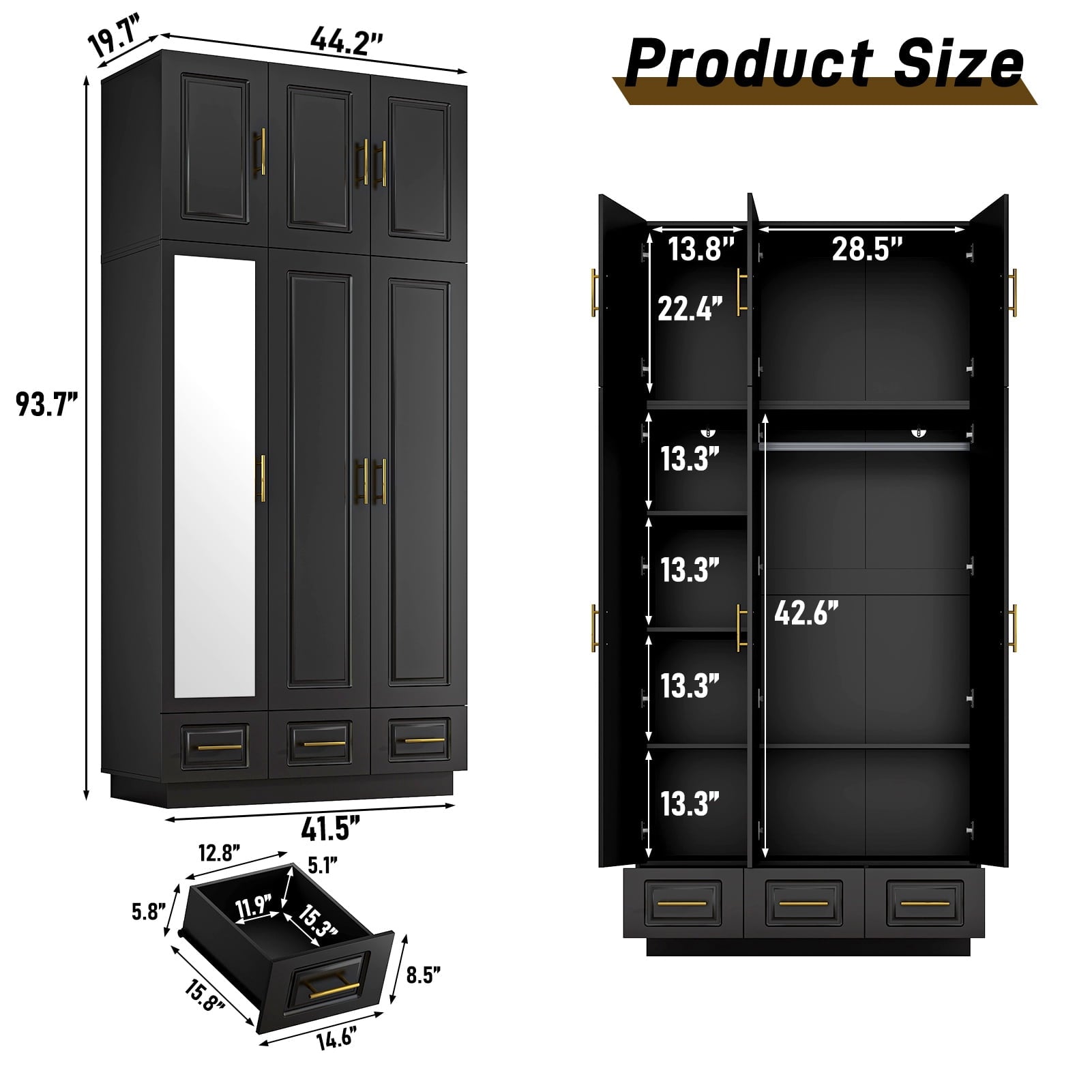 ChVans 3 Door Armoire Wardrobe Closet with Top Cabinet and Mirror, 94.5'' LED Wardrobe Armoire with 3 Drawers, Hanging Rod & Multi-Layer Shelves for Bedroom, Black