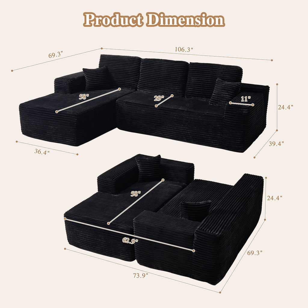 Ovios 106 Cloud Sofa Couch No Assembly Boneless Deep Seat Sofa for Living Room, Black (Corduroy)
