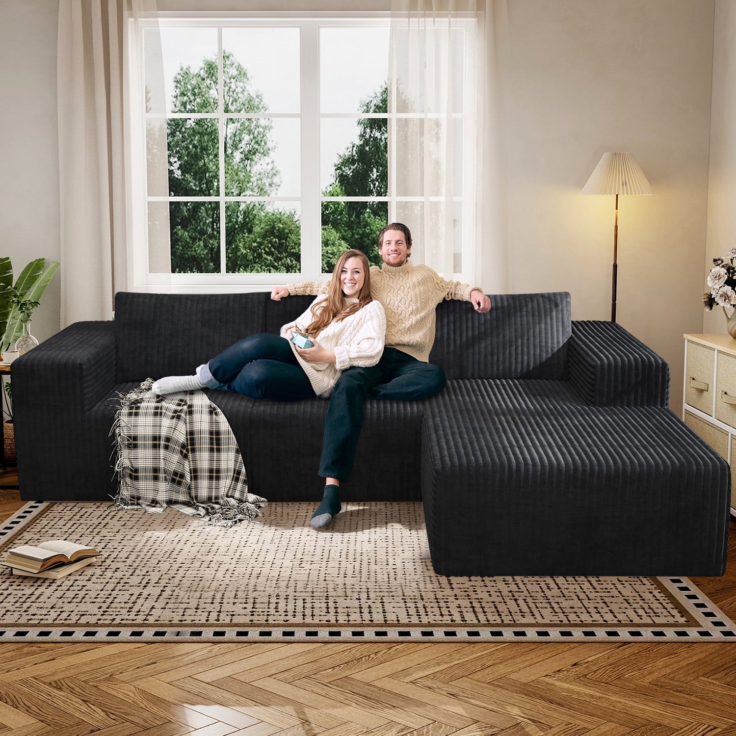 YVDNHP Modular Cloud Sofa - No Assembly Required, 107.8 Oversized L-Shaped Sectional with Chaise, Flannel Fabric Deep Seating Couch for Living Room