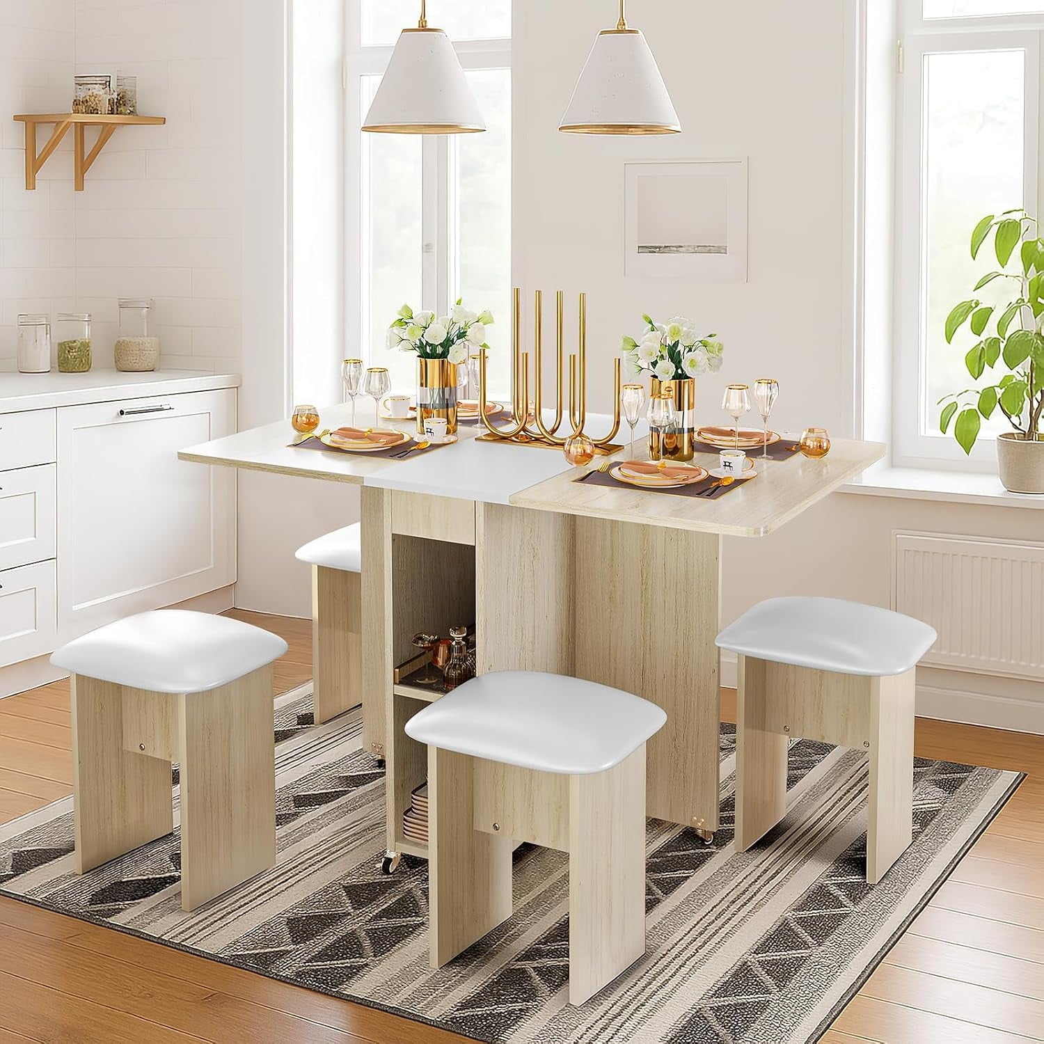 MIERES Folding Dining Table Set for 4, Dinner Table with 4 Leather Chairs and Shelves, Space Saving Foldable Dining Table with 6 Wheels, Kitchen Table for Small Spaces (Grey)