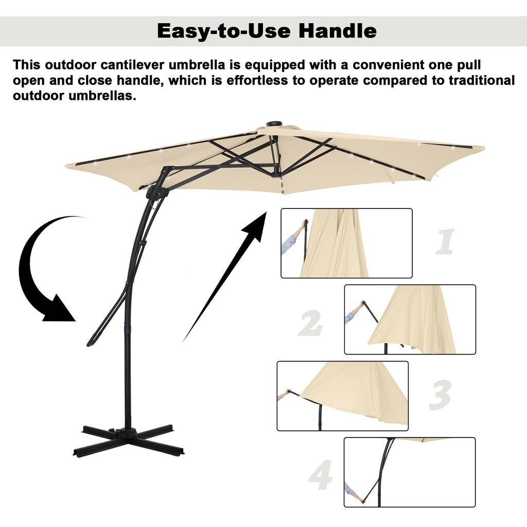 Mondawe 10ft Heavy Duty Solar Patio Umbrella with Base Included, 360° Rotation, 24 LED Lights, Outdoor Hanging Offset Cantilever Market Sun Shade Umbrella, Beige