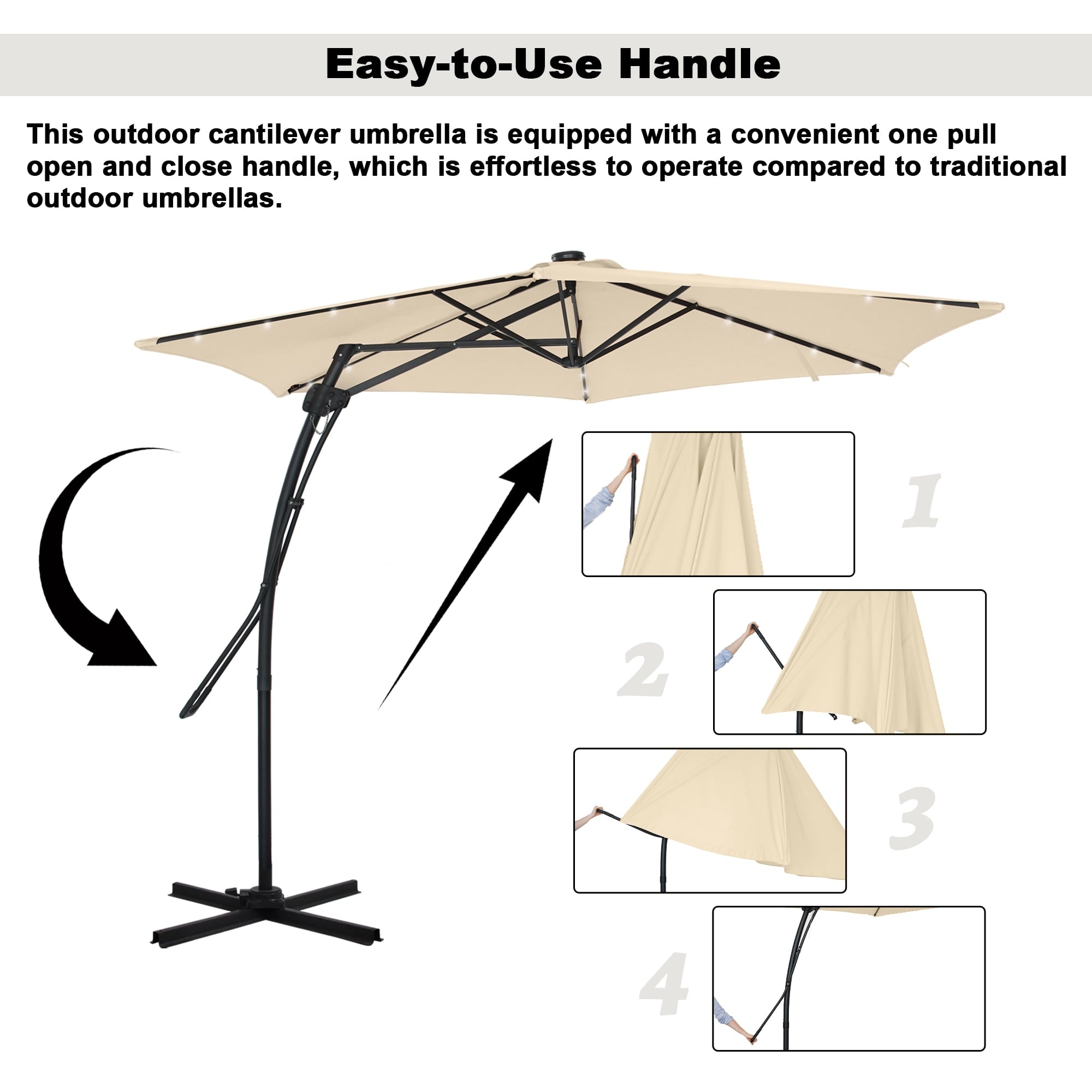 Mondawe 10ft Heavy Duty Solar Patio Umbrella with Base Included, 360° Rotation, 24 LED Lights, Outdoor Hanging Offset Cantilever Market Sun Shade Umbrella, Beige