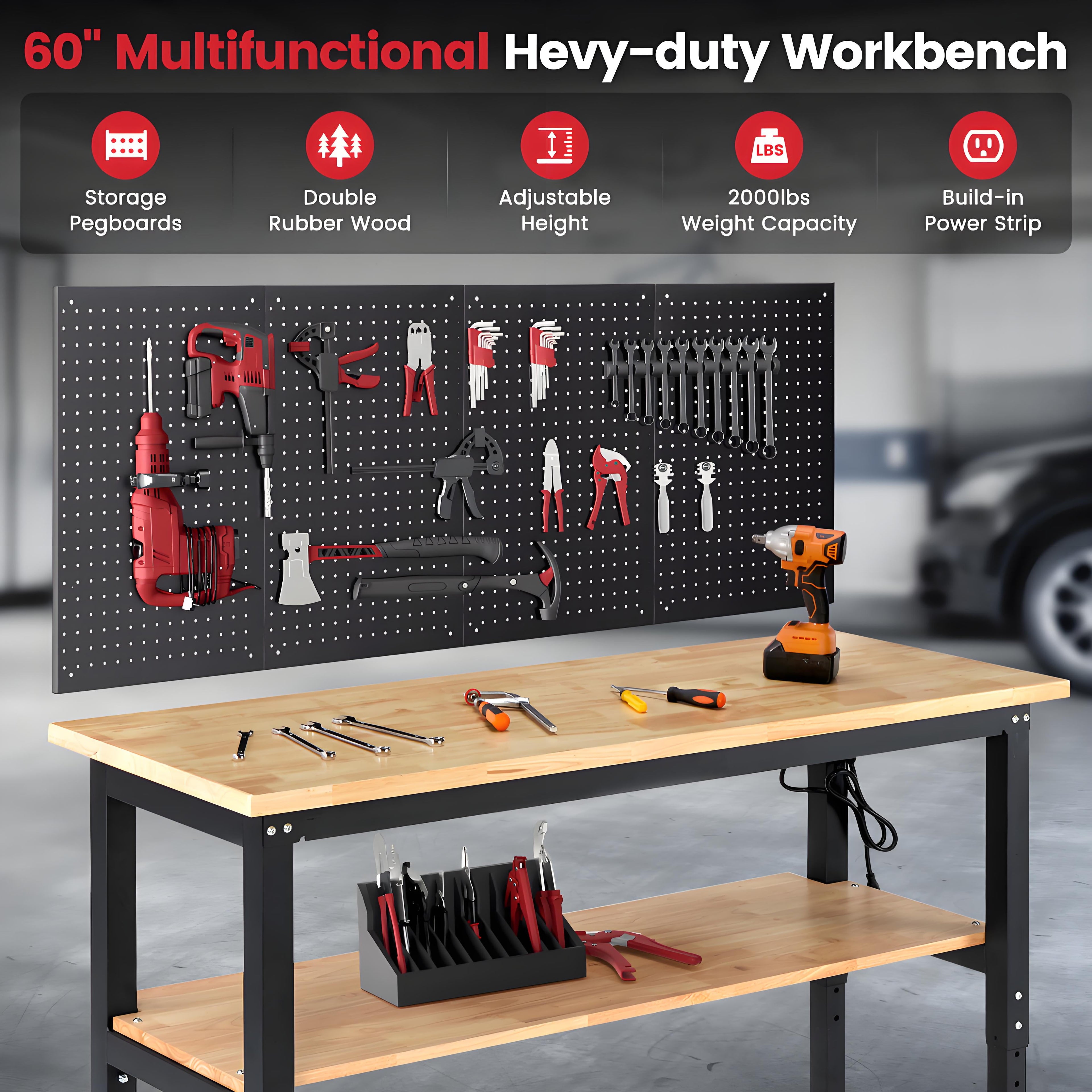 Workbench for Garage,ENJOYWOOD Heavy-Duty 60 inch 2 Tier Wood Work Bench with Storage Pegboards,Rubber Mat,Power Outlets, Rubber Wood Tabletop 2000 LBS Load Bearing Workstation Garage Desk Work Table