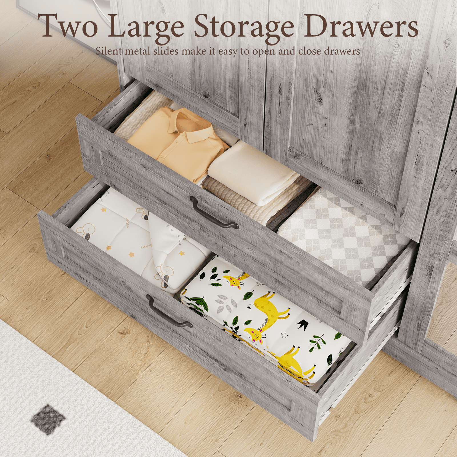 Brafabhome 71H Armoire Wardrobe Closet with 2 Drawers, Farmhouse 2 Doors Armoire Cabinet with Hanging Rod, Modern Freestanding Wardrobe Clothes Cabinet for Bedroom | Gray