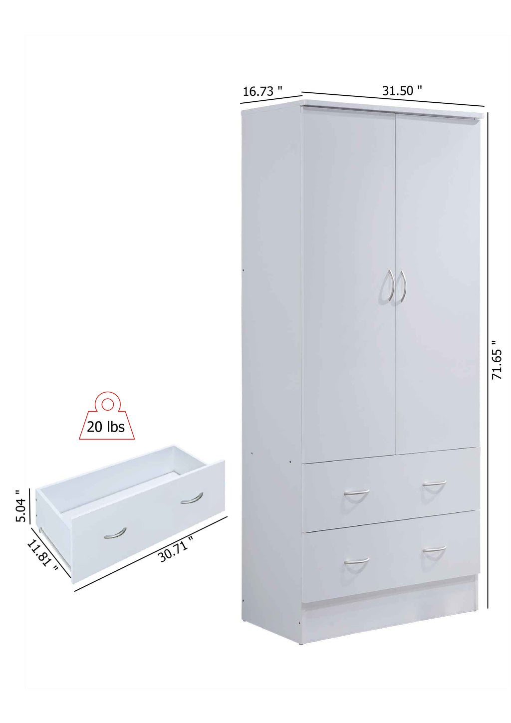 Hodedah 2-Door Armoire with 2-Drawers and Clothing Rod in Black