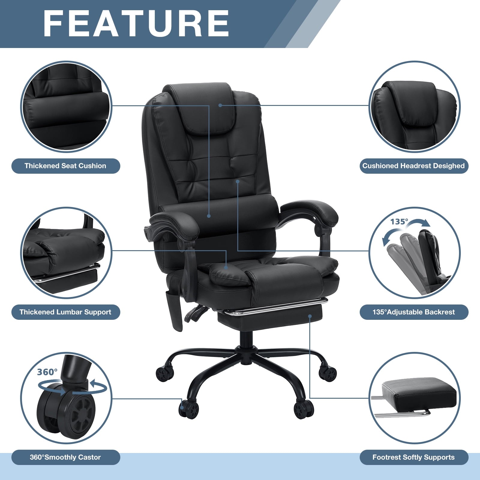 Hoffree Executive Office Chair Massage and Footrest Ergonomic Computer Desk Chair Reclining High Back Leather Office Chair Lumbar Back Support Swivel Rolling for Home Office Black