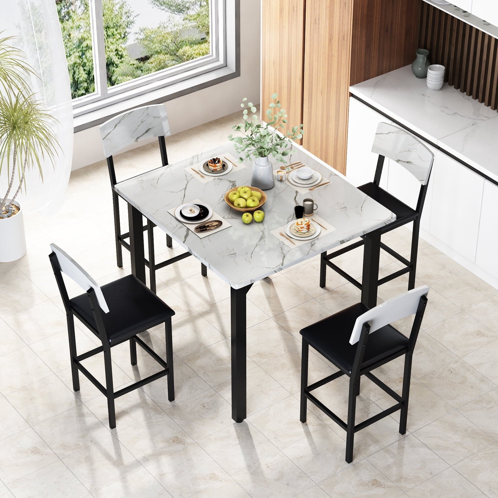 MIERES 5 Piece Dining Table Set High Top Dining Table Set for 4 Counter Height Small Kitchen Table With 4 Velvet Upholstered Chairs, Wood Small Dining Set for Bar Dining Room Breakfast