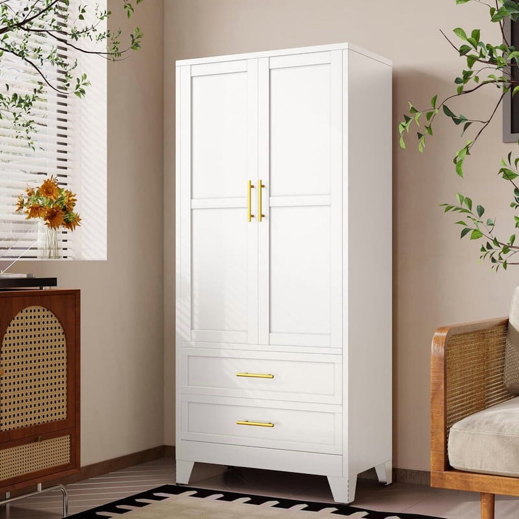 EROSOEI Metal Freestanding Armoire Wardrobe Clost With Hanging Rod and Drawers