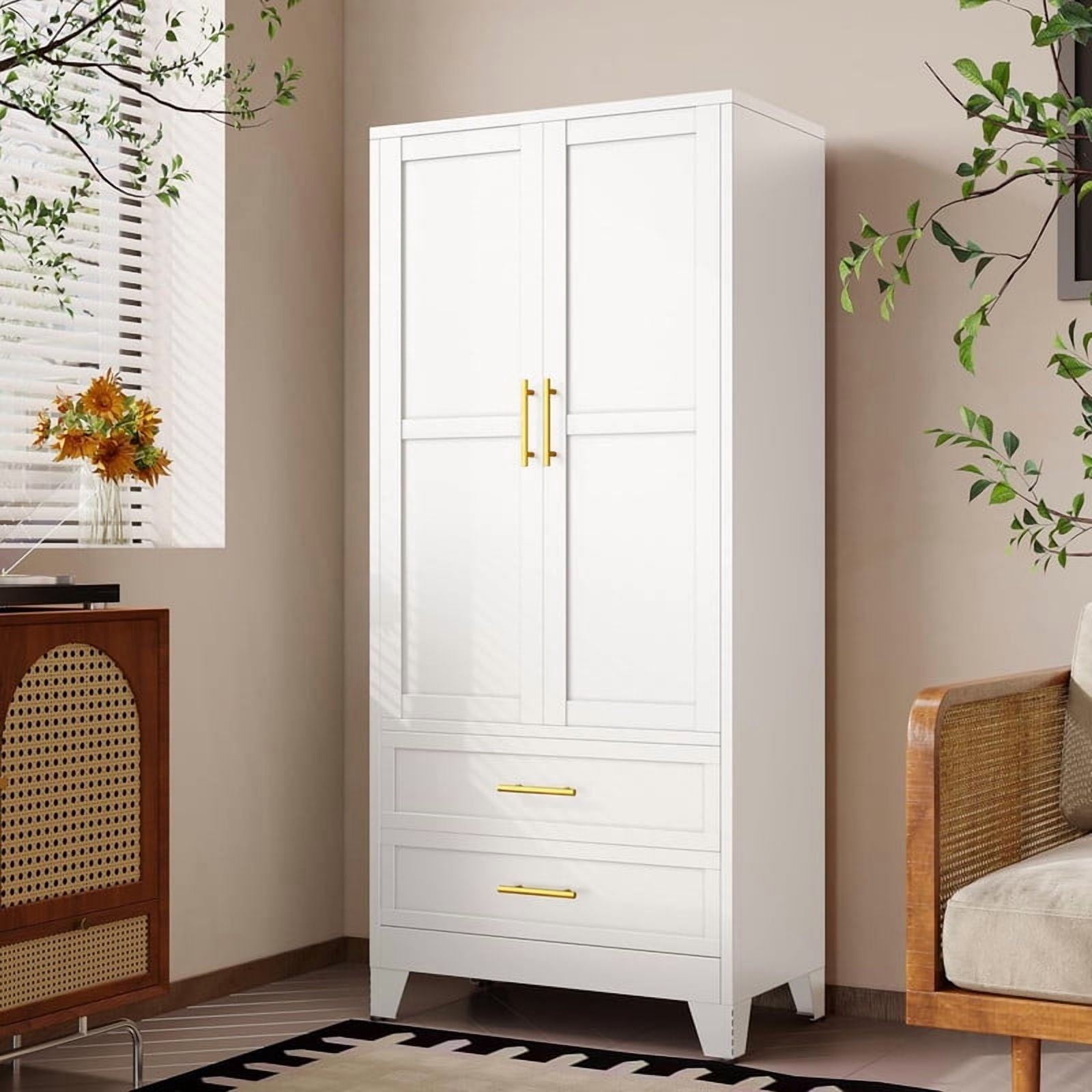EROSOEI Metal Freestanding Armoire Wardrobe Clost With Hanging Rod and Drawers