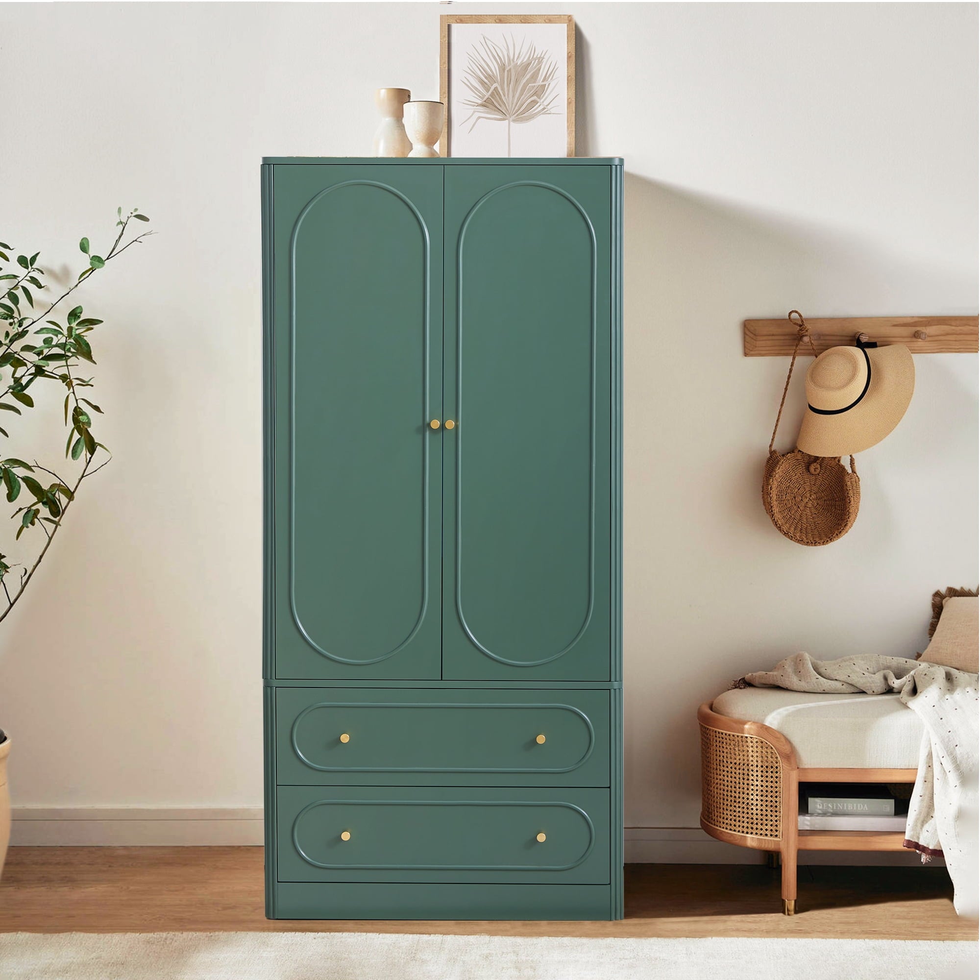 Wirrytor Freestanding Wooden Armoire Wardrobe with 2 Woven Doors and Storage Drawers, Space-Saving Closet Cabinet for Bedroom, Sturdy Mdf Board Closet with Hanging Rail